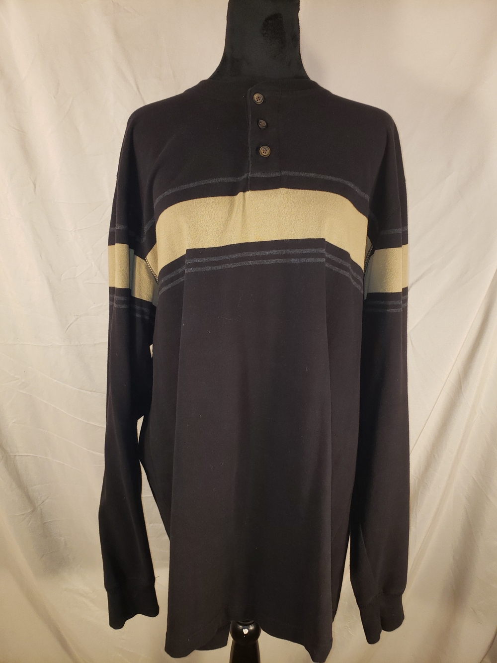 Covington Black Long-Sleeve Henley with Cream Stripe - XLT